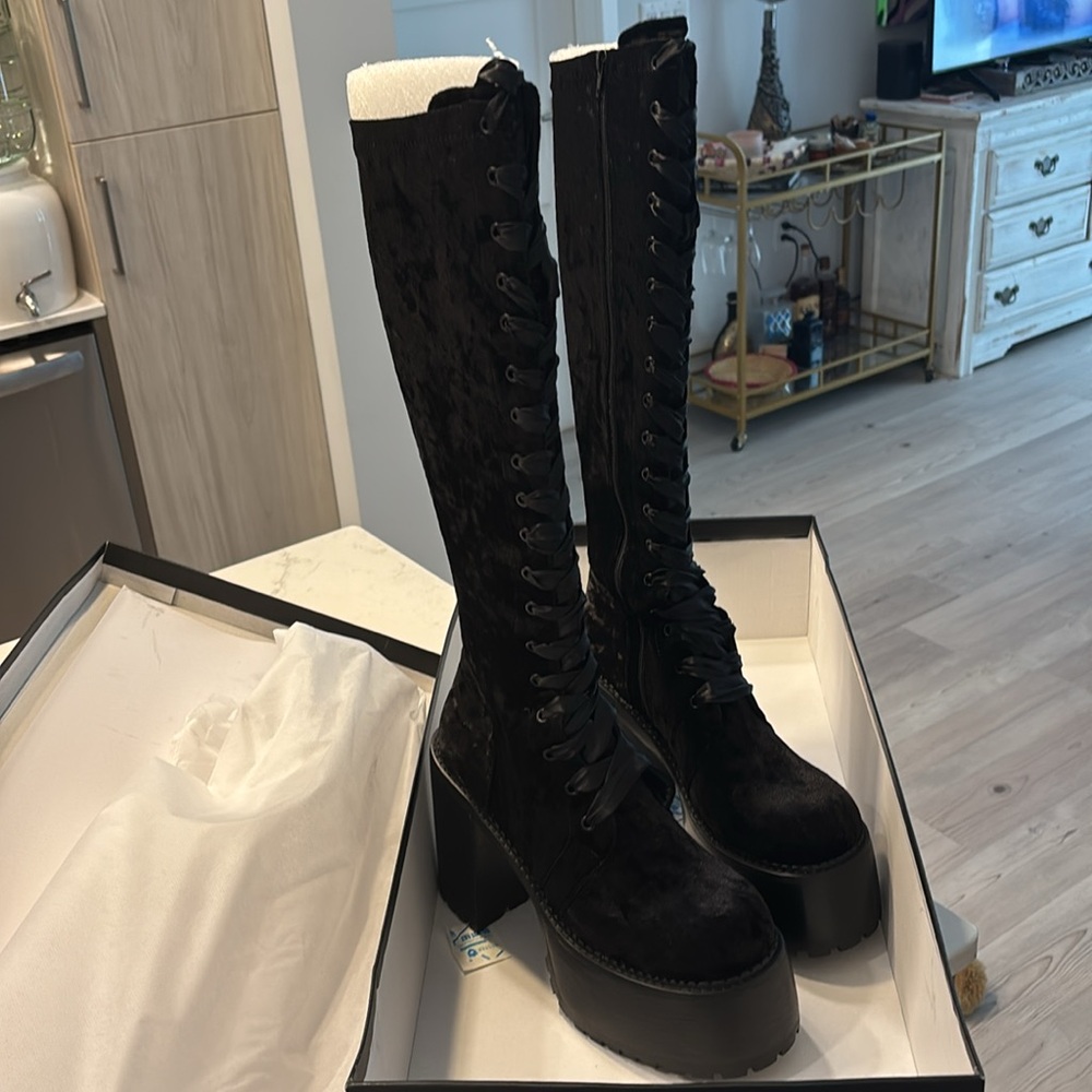 Dolls Kill Widow Black Velvet Knee High Boot Size 10